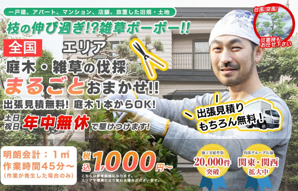 伐採グループの評判・口コミ:庭木の伐採、庭の剪定から草刈り、芝刈り、防虫対策、外構工事まで庭の手入れを低価格・即日対応