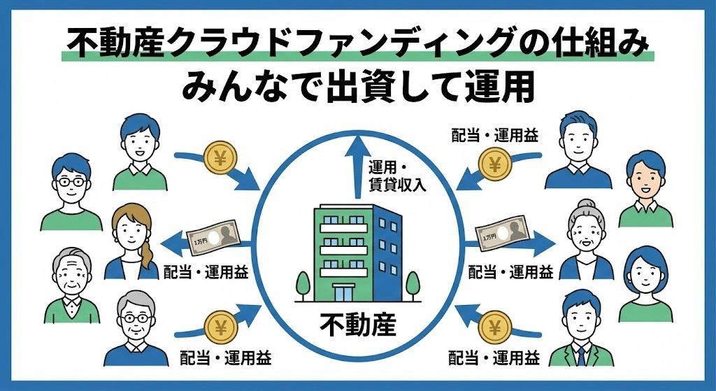不動産クラウドファンディングの仕組みを図解したイメージ。複数人で出資して運用する流れ