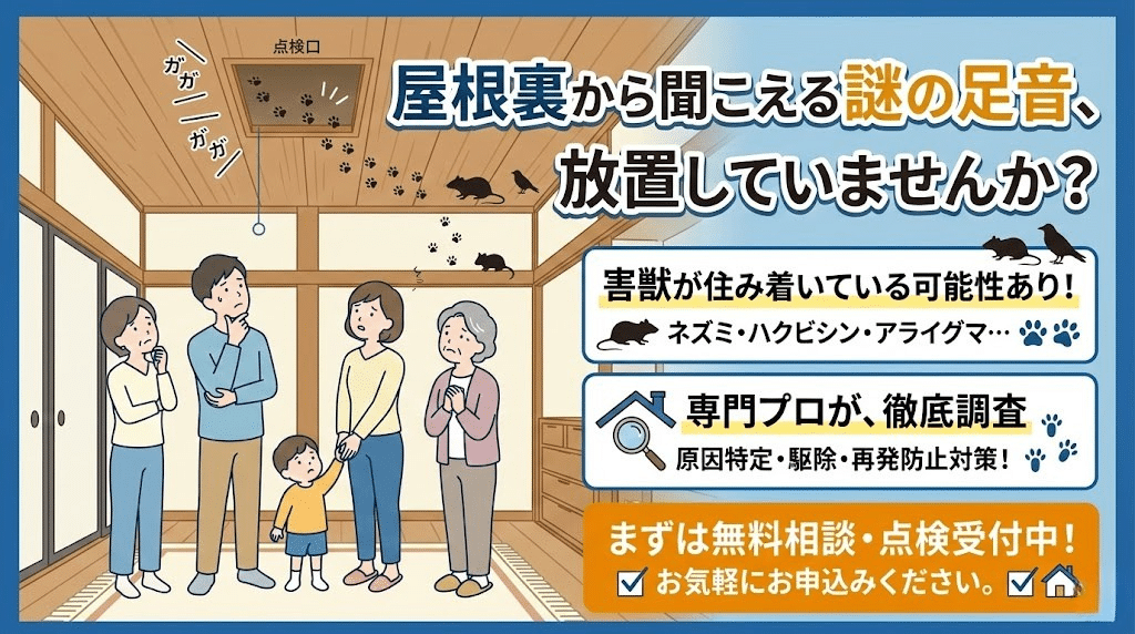 屋根裏の物音は害獣侵入のサインかもしれないことを示すイラスト