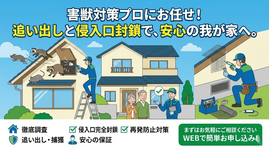 侵入口封鎖まで行う再発防止型の害獣駆除サービスのイメージ