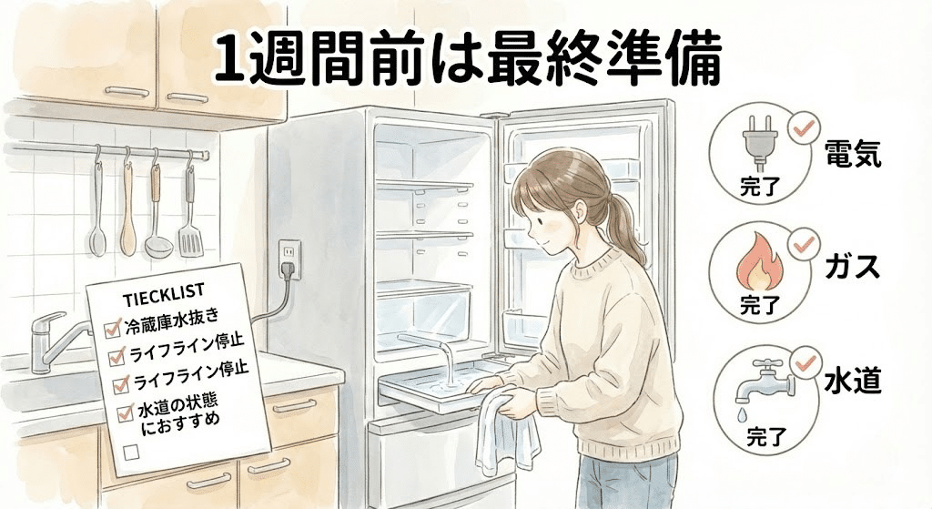 引越し前に冷蔵庫やライフラインの準備をしているイラスト