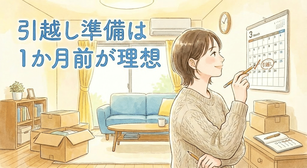 引越し準備は1か月前から始めるのが理想であることを示すイラスト