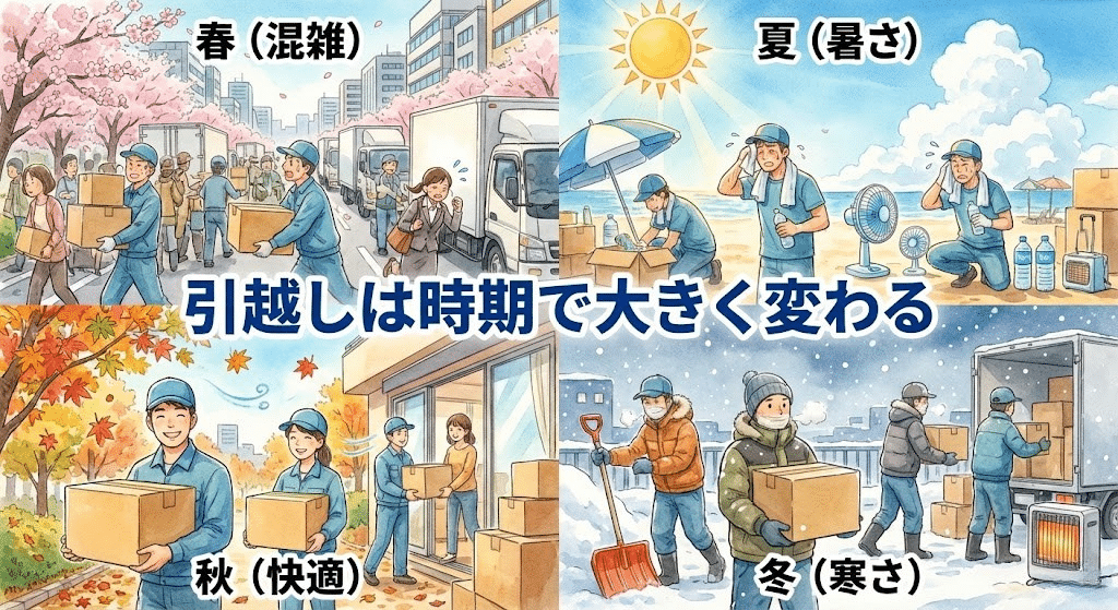 引越しの繁忙期と閑散期を季節別に表したイラスト