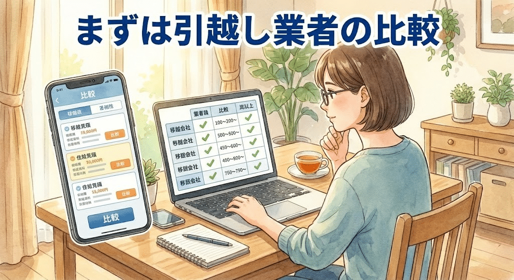 引越し業者を比較・見積もりしている様子のイラスト