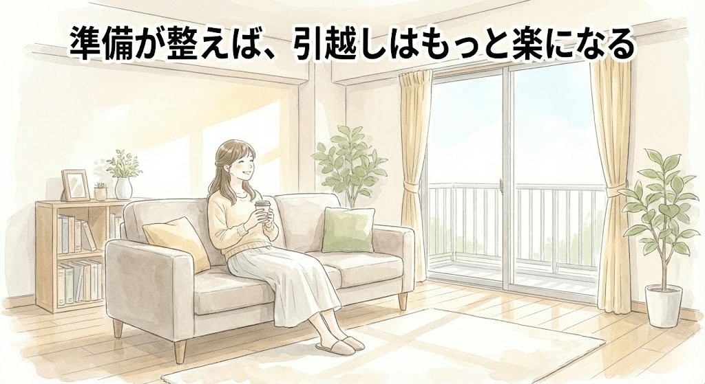 引越し準備を終えて新生活を気持ちよく始めているイラスト