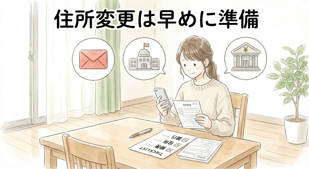 引越し前に住所変更や各種手続きを確認しているイラスト