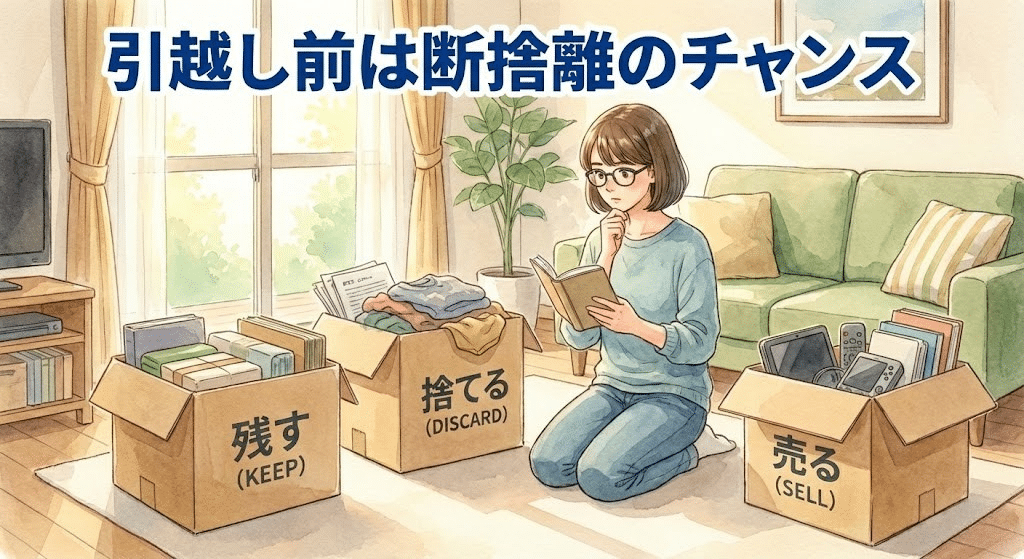 引越し前に不用品を仕分け・処分しているイラスト