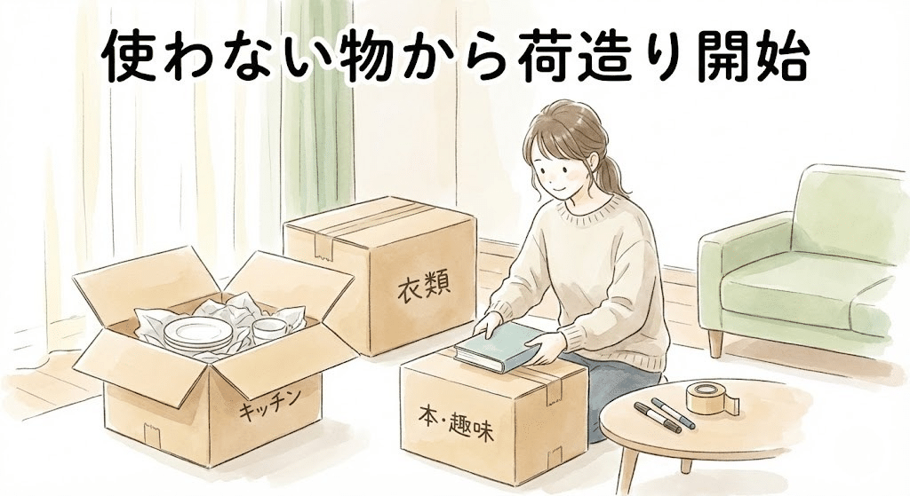 引越しの荷造りを計画的に始めているイラスト