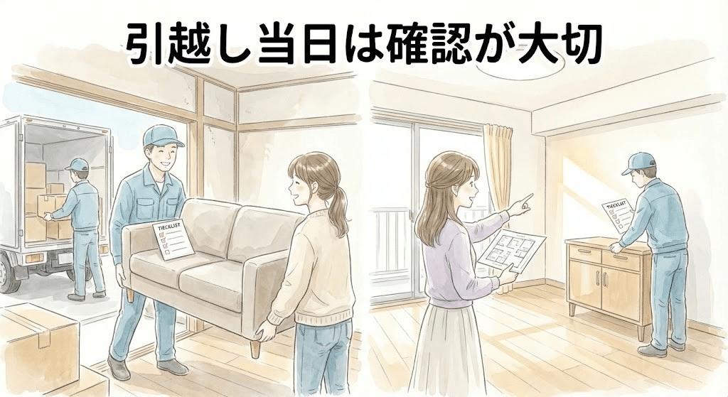 引越し当日に搬出・搬入作業を行っているイラスト