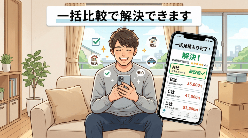 一括見積もりで問題解決するイラスト