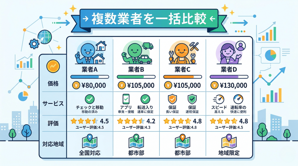 複数の解体業者を比較するイラスト