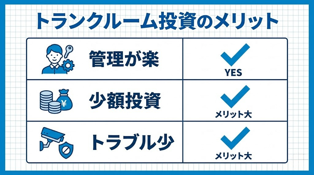 トランクルーム投資のメリット一覧イメージ