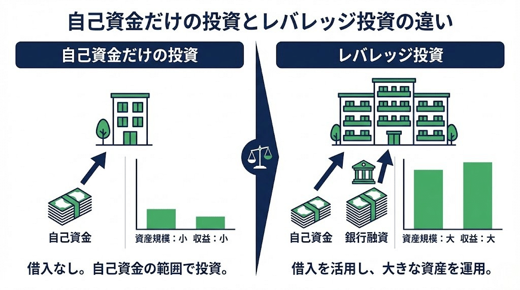 現金投資とレバレッジ投資を比較する図解イラスト。
