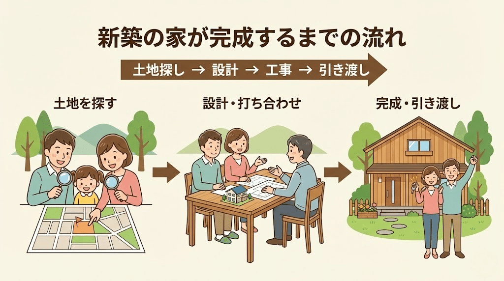 新築住宅完成までの流れを説明する図解イラスト。