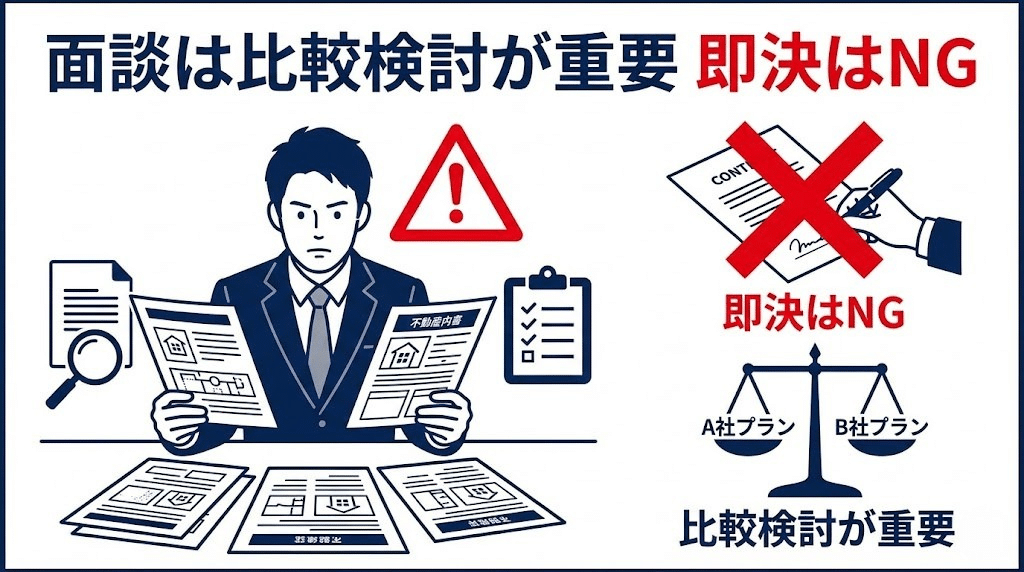 不動産投資面談の注意点を説明するイラスト