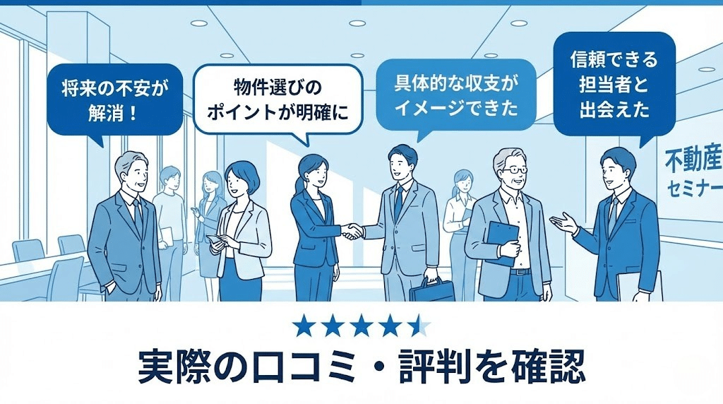 不動産投資面談の口コミや評判を紹介するイラスト