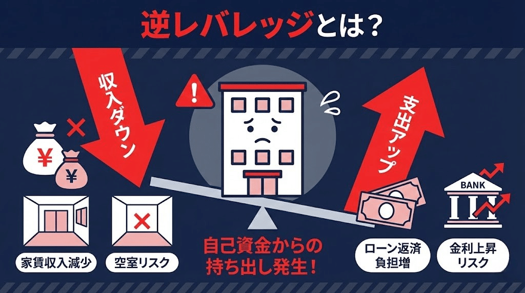 逆レバレッジの仕組みを説明する注意喚起型イラスト。
