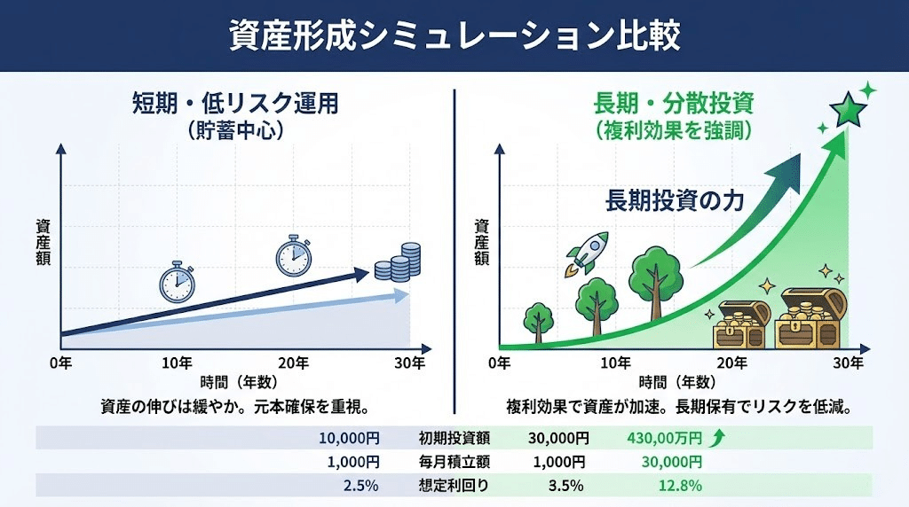 現金投資とレバレッジ投資を比較する図解イラスト。