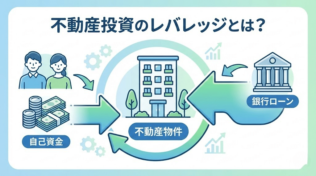 不動産投資のレバレッジを説明する図解イラスト。