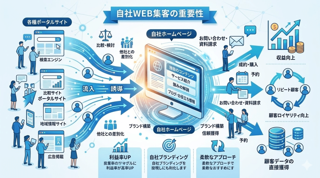 ポータルサイト依存から自社WEB集客へ転換するイメージ