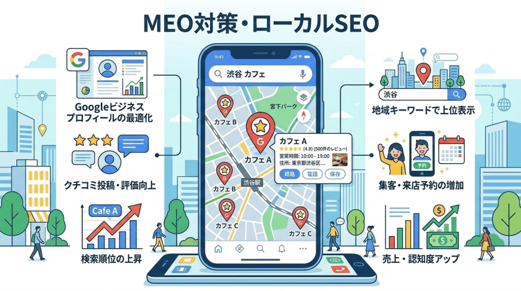 Googleマップ検索で上位表示するMEO対策のイメージ