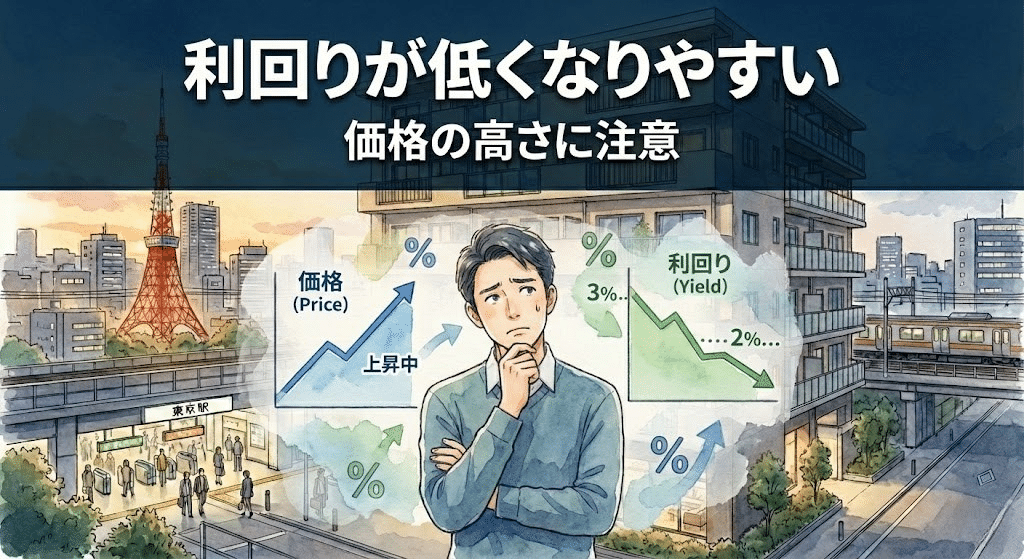 都心マンション投資は価格が高く利回りが低くなりやすい点を表すイラスト