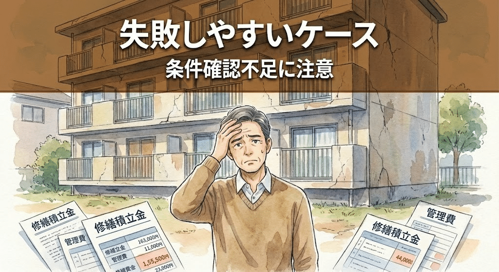 修繕積立金や管理費を確認せず区分マンション投資で失敗するケースのイラスト