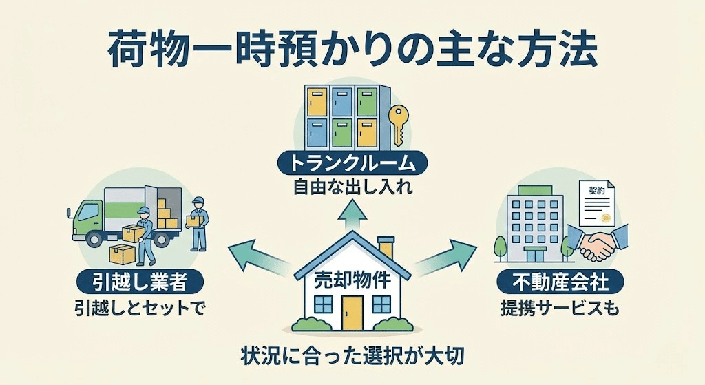 不動産売却時に利用できる荷物一時預かり方法を図解したイラスト