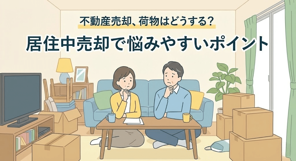 不動産売却を検討中の夫婦が居住中の荷物の多さに悩んでいる様子のイラスト