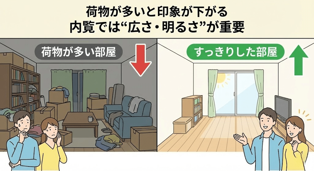 居住中の不動産売却で荷物が多い部屋と片付いた部屋の印象を比較したイラスト