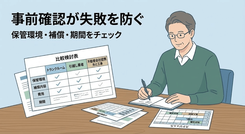 不動産売却時の荷物一時預かりで注意点を冷静に確認している人物のイラスト
