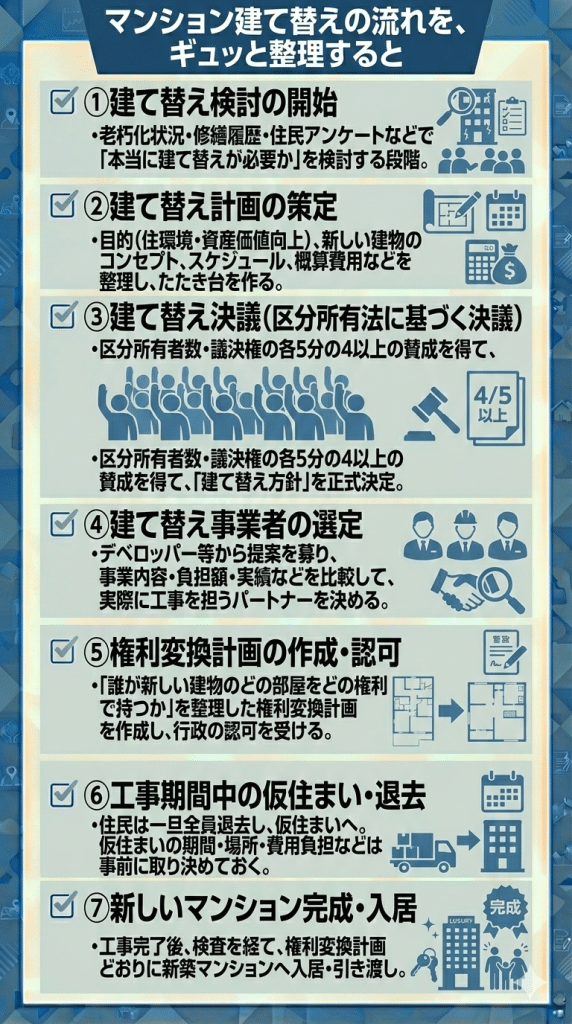 マンション建て替えの流れを、ギュッと整理すると
