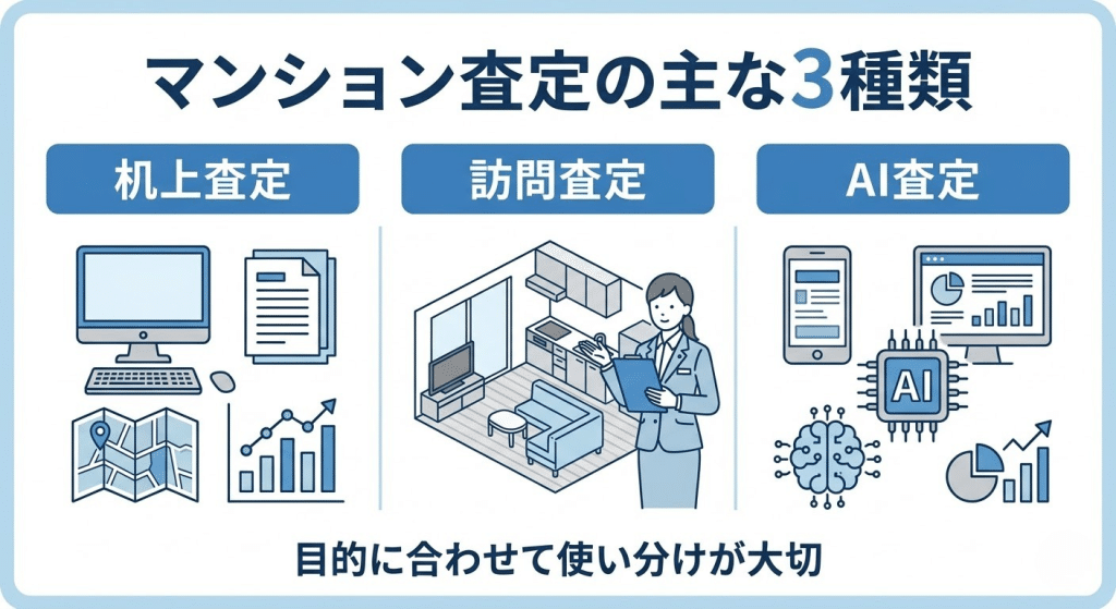 机上査定と訪問査定とAI査定の3種類を比較した図解イラスト