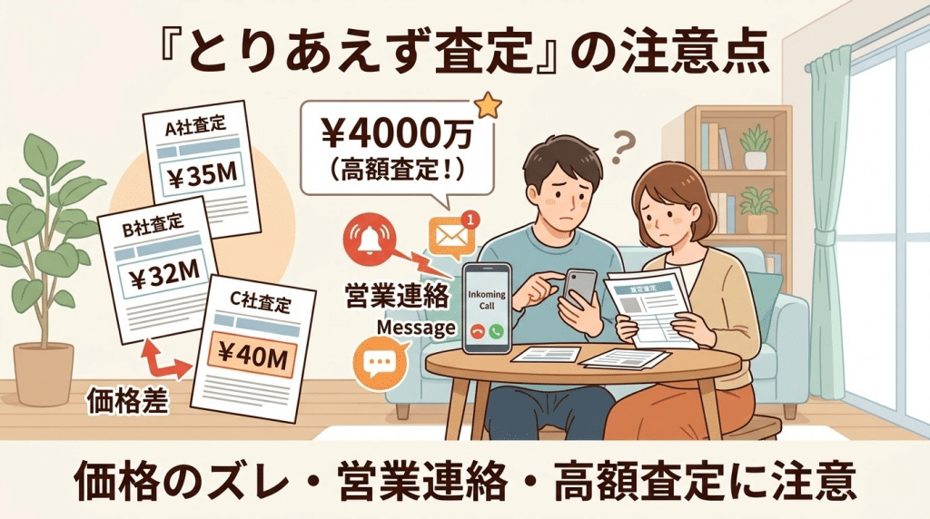 マンションのとりあえず査定で気をつけたい注意点をまとめたイラスト