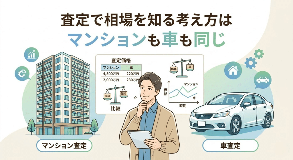 マンション査定と車査定は相場を比較して知る点が共通していることを示すイラスト