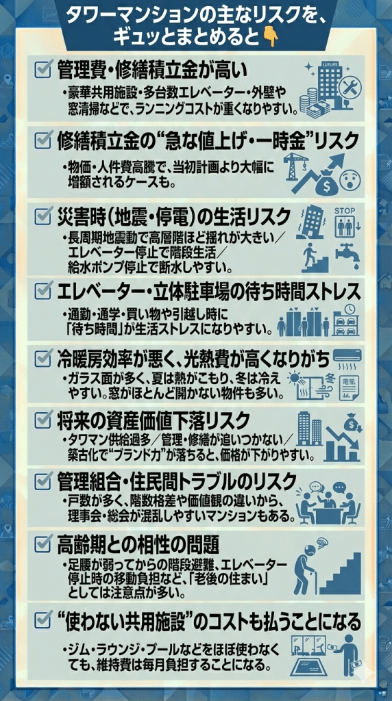 タワーマンションの主なリスクを、ギュッとまとめると👇
管理費・修繕積立金が高い
豪華共用施設・多台数エレベーター・外壁や窓清掃などで、ランニングコストが重くなりやすい。
修繕積立金の“急な値上げ・一時金”リスク
物価・人件費高騰で、当初計画より大幅に増額されるケースも。
災害時(地震・停電)の生活リスク
長周期地震動で高層階ほど揺れが大きい/エレベーター停止で階段生活/給水ポンプ停止で断水しやすい。
エレベーター・立体駐車場の待ち時間ストレス
通勤・通学・買い物や引越し時に「待ち時間」が生活ストレスになりやすい。
冷暖房効率が悪く、光熱費が高くなりがち
ガラス面が多く、夏は熱がこもり、冬は冷えやすい。窓がほとんど開かない物件も多い。
将来の資産価値下落リスク
タワマン供給過多/管理・修繕が追いつかない/築古化で“ブランド力”が落ちると、価格が下がりやすい。
管理組合・住民間トラブルのリスク
戸数が多く、階数格差や価値観の違いから、理事会・総会が混乱しやすいマンションもある。
高齢期との相性の問題
足腰が弱ってからの階段避難、エレベーター停止時の移動負担など、「老後の住まい」としては注意点が多い。
“使わない共用施設”のコストも払うことになる
ジム・ラウンジ・プールなどをほぼ使わなくても、維持費は毎月負担することになる。