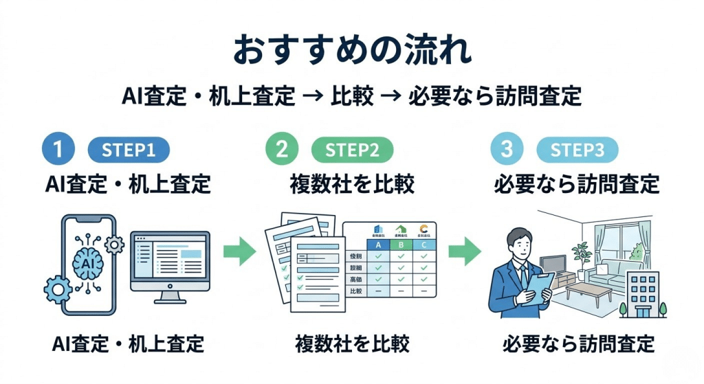 マンション査定だけしたい人向けのおすすめの流れを示した図解イラスト