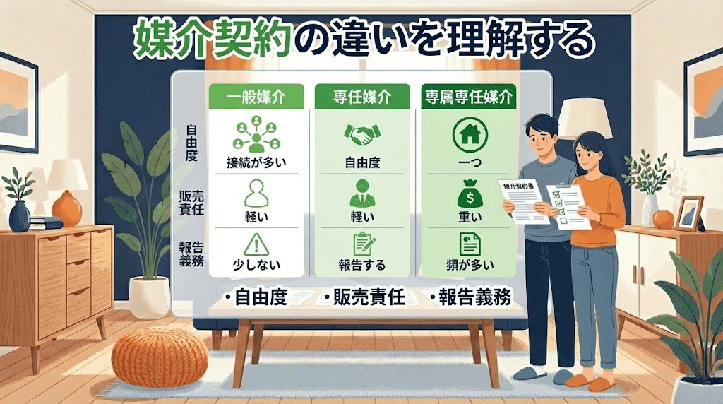 媒介契約の種類を比較するイメージ