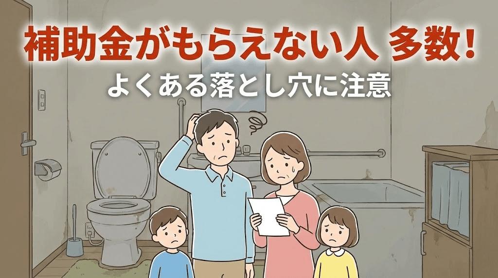 トイレリフォーム補助金がもらえない人が多い理由を注意喚起するイラスト