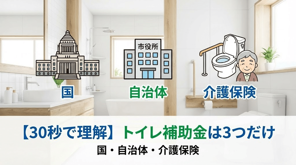 トイレリフォームで使える補助金は国・自治体・介護保険の3種類があることを解説した図