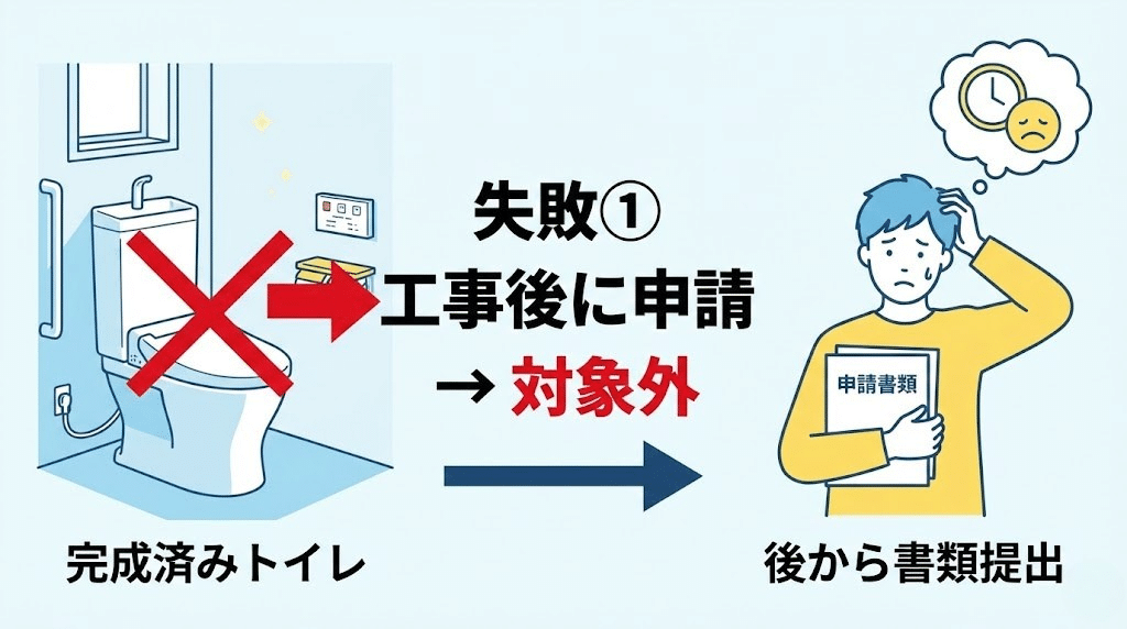 トイレリフォームで工事後に補助金申請すると対象外になる失敗例の図