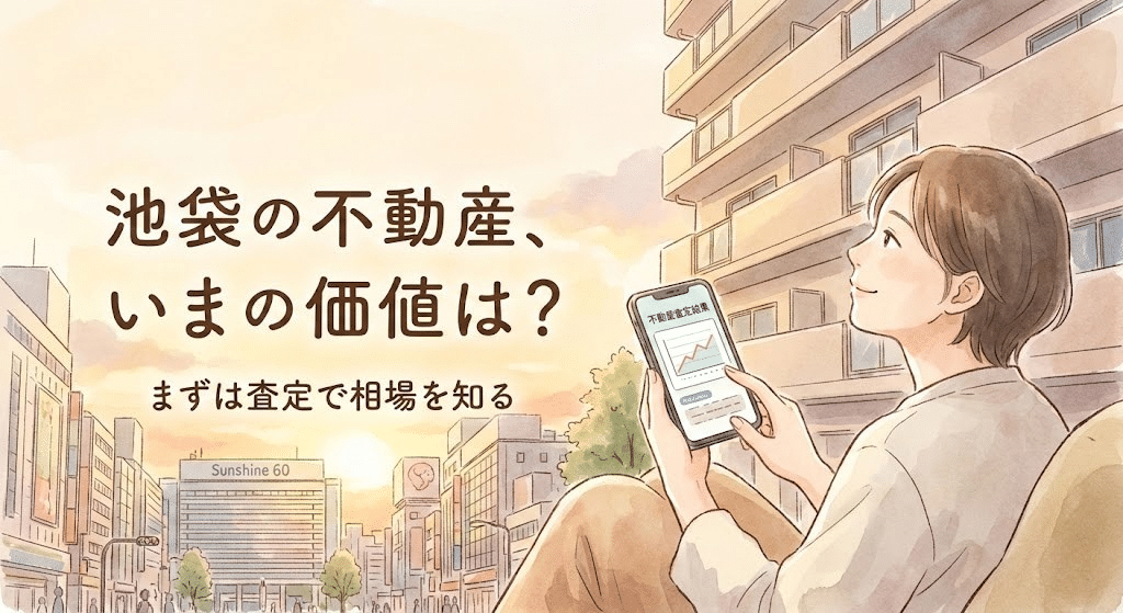池袋のマンションを背景にスマートフォンで不動産査定を確認しているイラスト