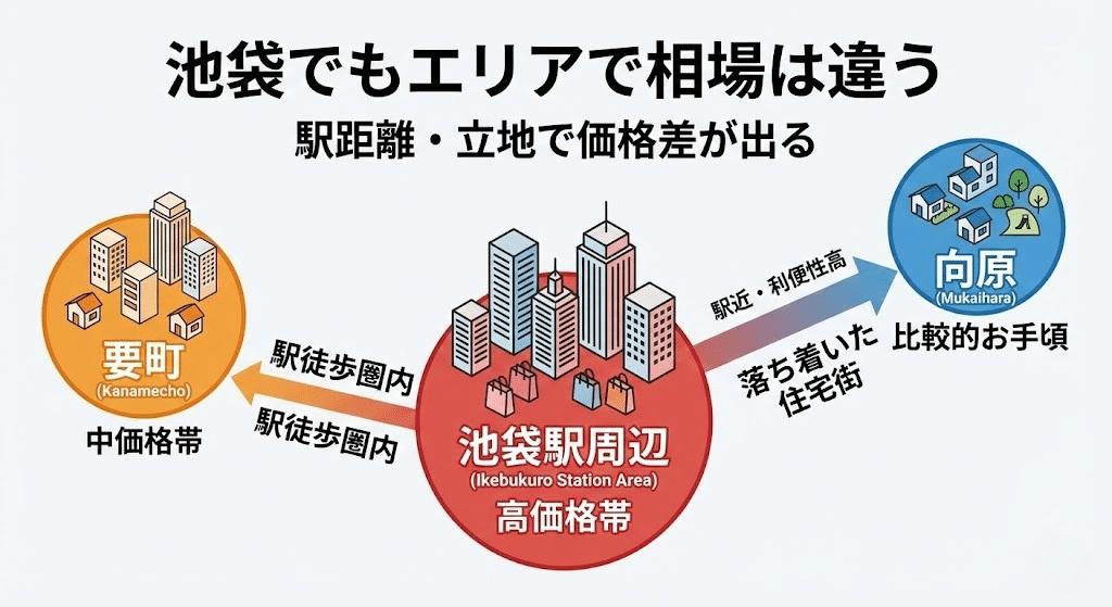 池袋駅周辺・要町・向原のエリアごとの不動産相場の違いを示したイラスト