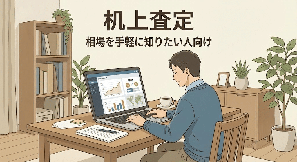 パソコンで不動産情報を入力し机上査定を行っている様子のイラスト