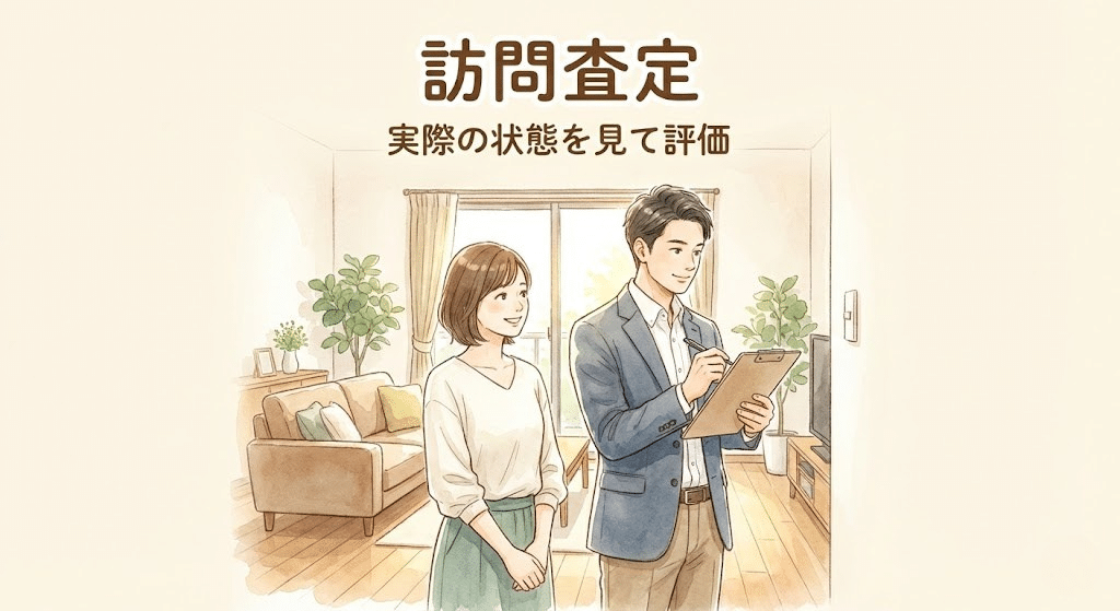 不動産会社の担当者がマンション室内を確認して訪問査定を行うイラスト