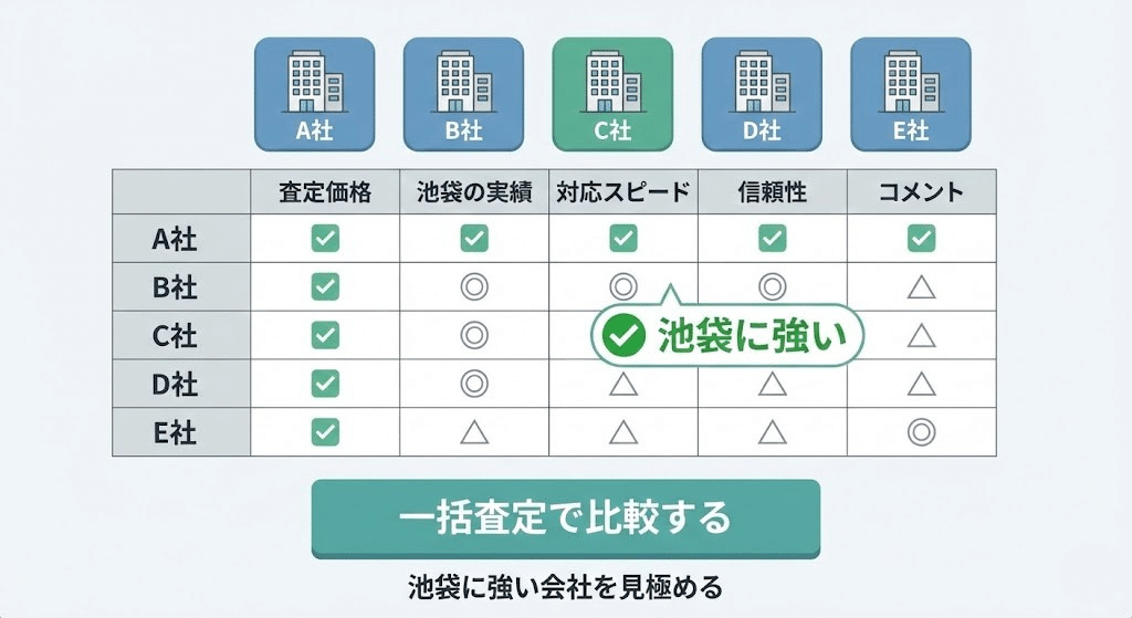 一括査定で複数の不動産会社を比較している様子を表したイラスト