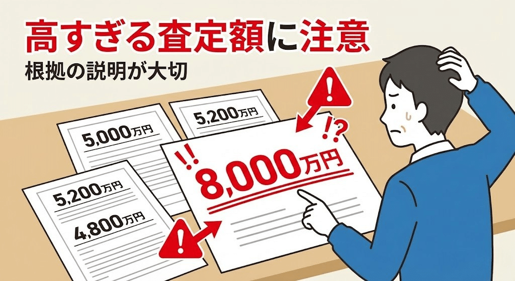 複数の不動産査定額を見比べて高すぎる金額に注意しているイラスト