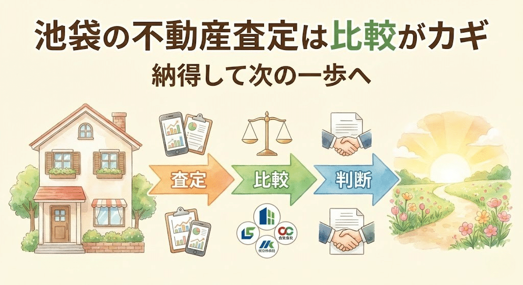 不動産査定から比較・判断へ進む流れを表現したイラスト