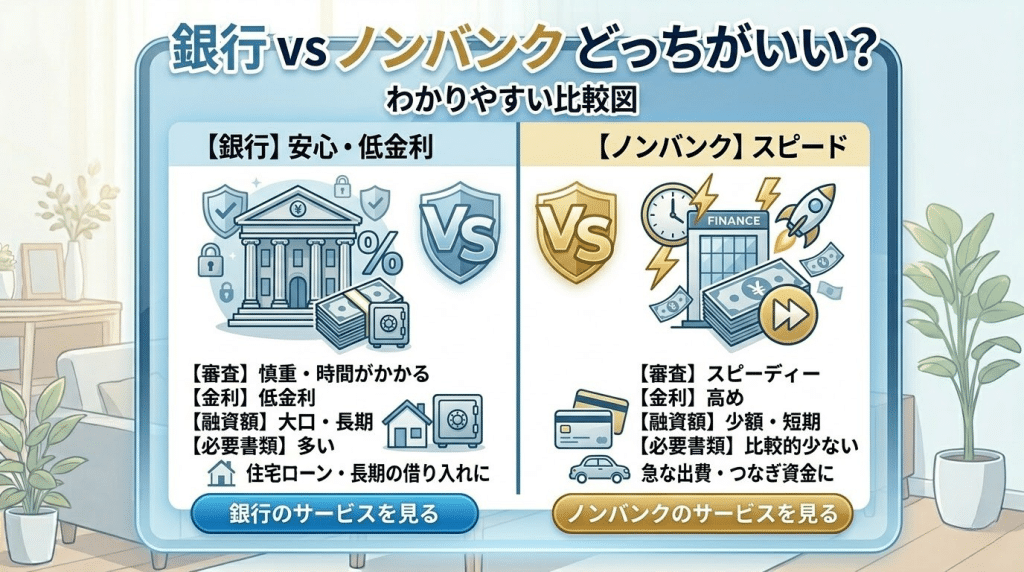 銀行系とノンバンクの違いを比較した図