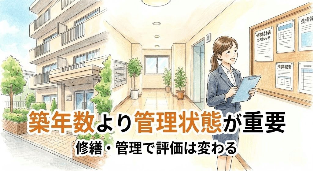 マンションの管理状態が不動産査定に影響する様子を表したイラスト